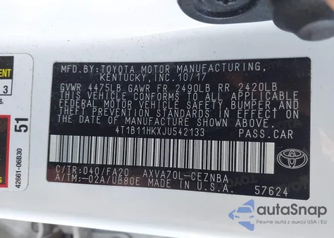 2018 Toyota Camry L/Le/Xle/Se/Xse from USA, damaged, VIN 4T1B11HKXJU542133